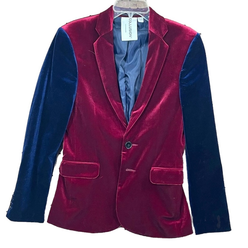 Collusion Mens Burgundy Blue ‎ Tuxedo Jacket Blazer Coats Reg 36 Single Button